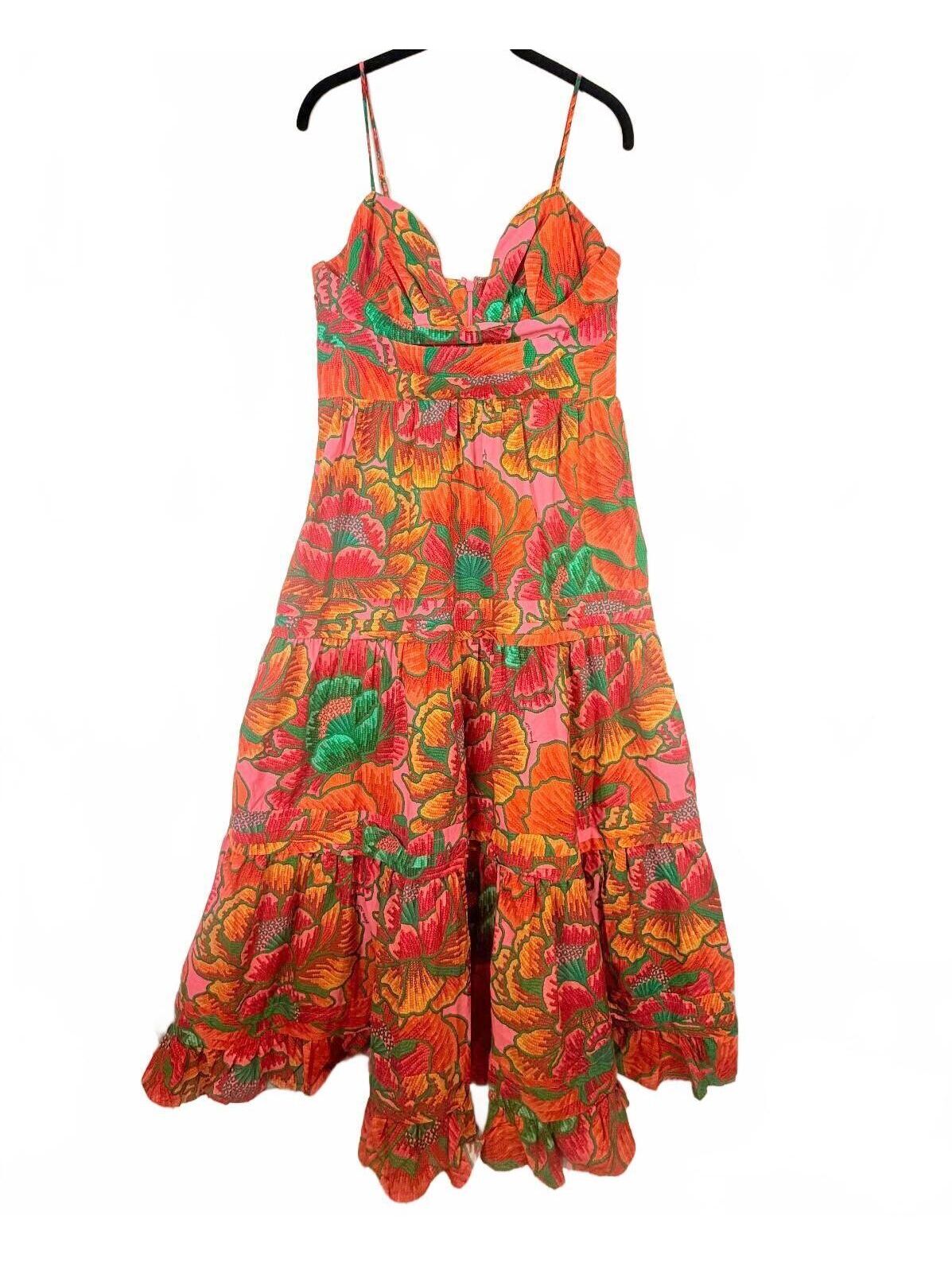 Farm Rio Beaded Spring Tiered Maxi Dress Orange Pink Sweetheart Floral Small